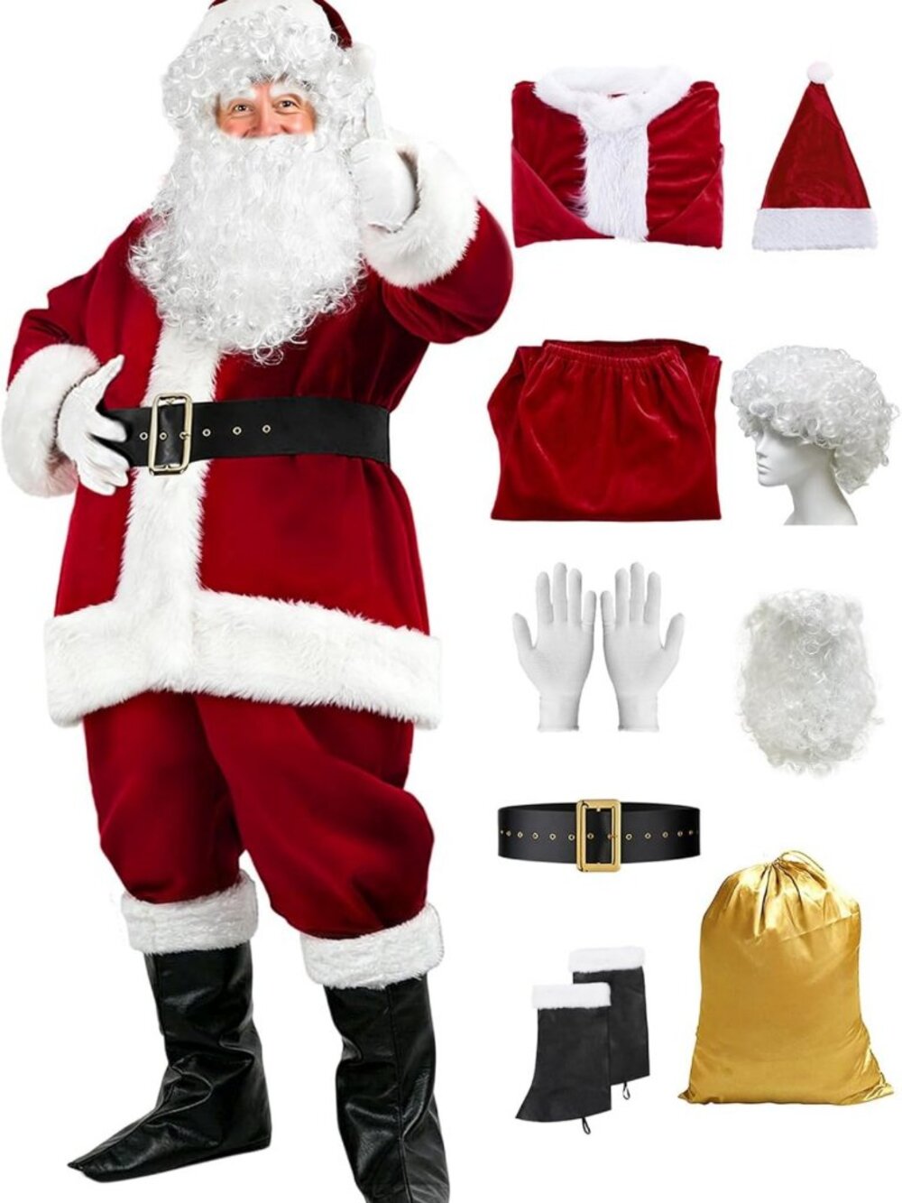 Deluxe Santa Claus Costume for Men, 9-Piece Christmas Outfit, Holiday Party Wear